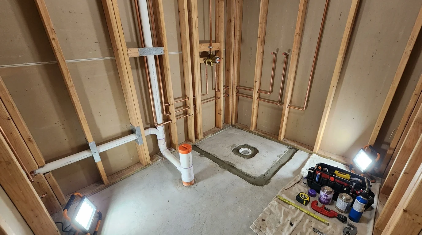 Bathroom rough-in plumbing during remodel by Johns Plumbing LLC in Many