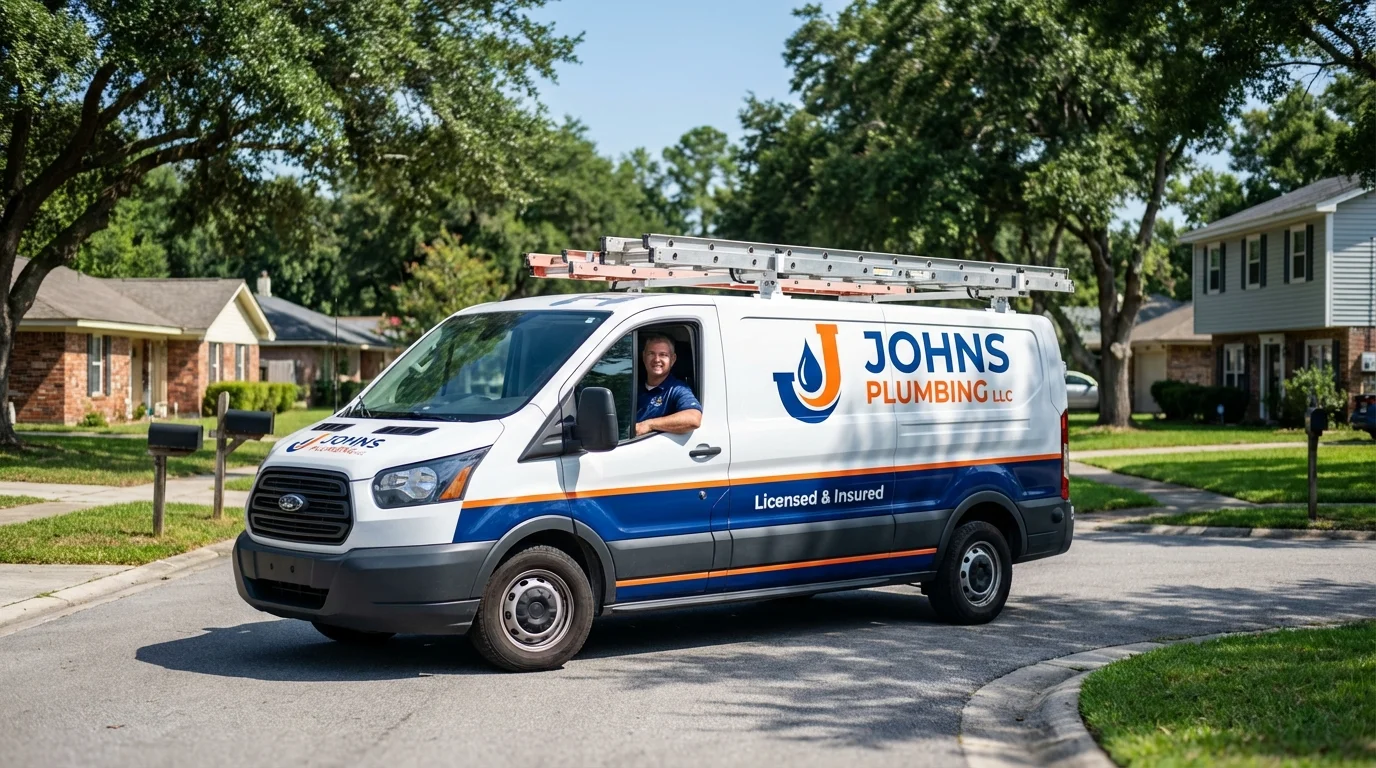 Johns Plumbing LLC service van in Many, LA