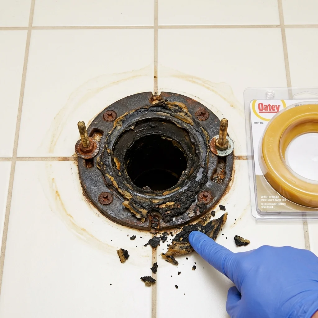 Failed wax ring showing water seepage at the base of a toilet in a Many, LA home