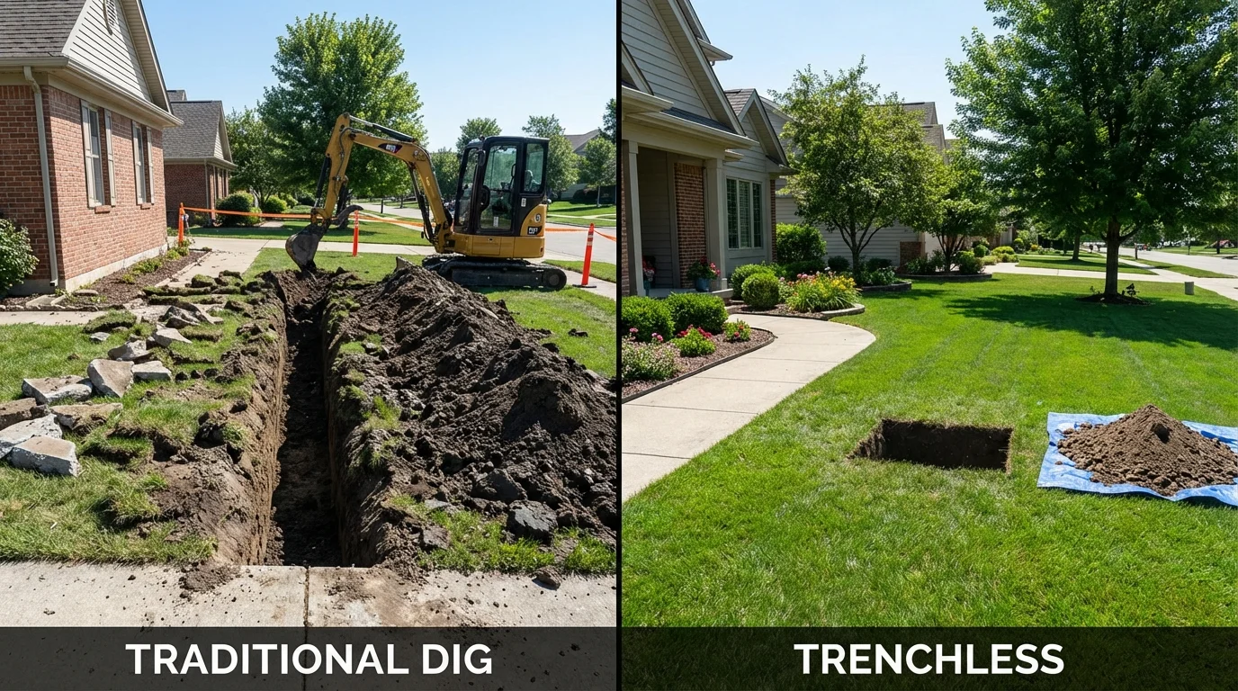 Trenchless sewer repair with minimal yard damage versus traditional excavation in Many, LA